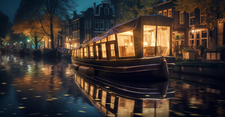 Generative AI : Rosary quay with boats moored on calm water near old buildings under night sky in belgiumの素材