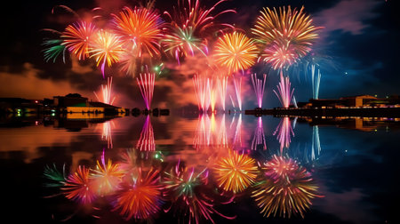 Generative AI : Holiday fireworks above water with reflection on the black sky backgroundの素材