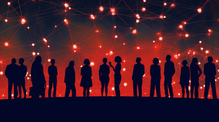 Generative AI : conceptual image of silhouetted people and abstract universe lightsの素材