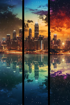 Generative AI : Cityscape at night Big city lights at a cloudy night City sea and cloudy skyの素材