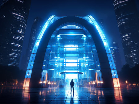 Generative AI : Light trace of modern architecture background in Shenzhen Financの素材