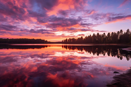 Generative AI : Colorful sunrise over Finnish river Kymi Kymijoki Clouds reflecting from smooth mirroring water row of trees in the other bank Arctic nature is Scandinaviaの素材