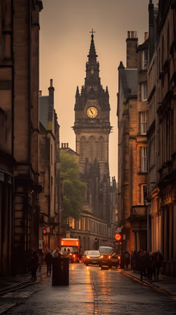 Generative AI : Streets of Edinburgh Scotland at night UKの素材