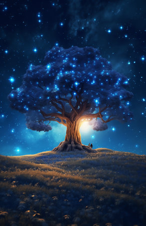 Generative AI : Tree against Milky Way NIght landscape Night colorful scenery Starry sky in summer Beautiful universe Space background with galaxy and old tree Blue milky way Traveの素材