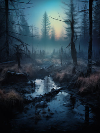 Generative AI : Spooky dark landscape showing silhouettes of trees in the swamp on misty night Night mysterious forest in fire and dramatic cloudy night skyの素材