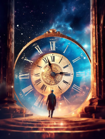 Generative AI : End of the Time dilation stops are related with time travel theory of relativity This background picture and time bending clock is a symbol of illusion Dark space Bの素材