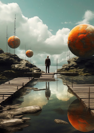 Generative AI : Backpacker walking on wooden footbridge with planet Mars in the backgroundの素材