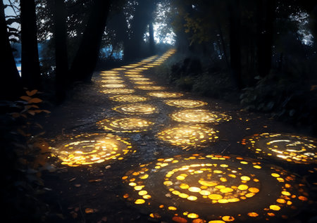 Generative AI : The tailed lawn with yellow leafs in the night park with lanterns in autumn Benches in the park during the autumn season at night Illumination of a park road with lの素材