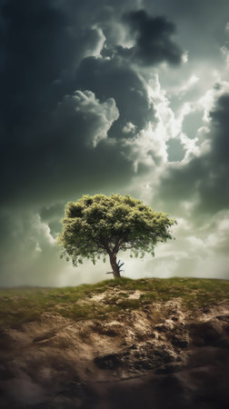 Generative AI : Dramatic sky over old lonely treeの素材