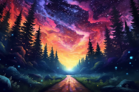 Generative AI : Road leading towards colorful sunrise between snow covered trees with epic milky way on the skyの素材