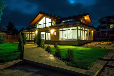 Generative AI : Home exterior lit at nightjpgの素材