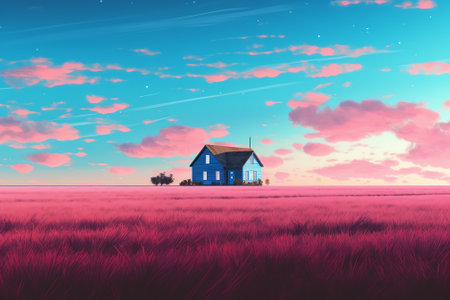 Generative AI : Cottage in field under clear skyの素材