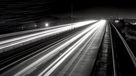 Generative AI : Empty E75 highway making S curve through Belgrade Serbia at night with stary sky and milky way Long exposure of highway and milky wayの素材