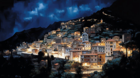 Generative AI : Night old medieval Stilo famos Calabria village view with Milky Way galaxy stars above southern Italyの素材