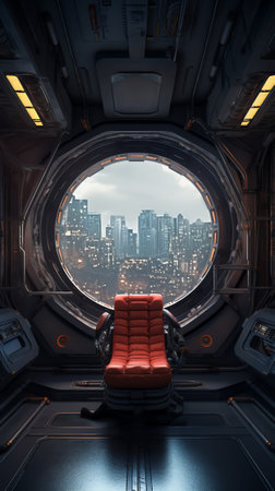 Generative AI : Spaceship grunge interior with view on a isolated red windowの素材