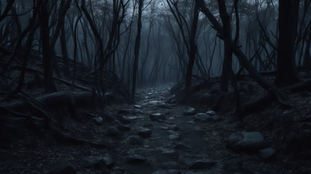Generative AI : Dark terrible forest with path in the middle Huge trees in night Lost in forest backgroundの素材