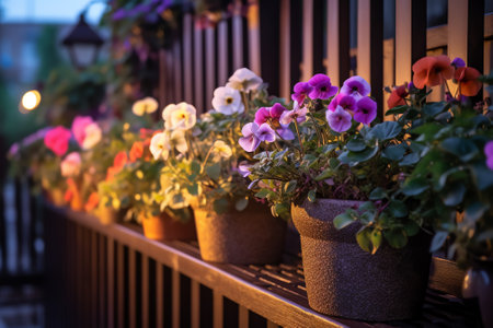 Generative AI : Beautiful purple petunias Night Sky in Hanging pots for cafe or restaurant decorationの素材