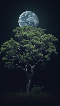 Generative AI : Shining full moon and stars in the night sky green tree branches night picture for stretch ceiling decorationの素材
