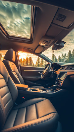 Generative AI : Brown leather driver seat headrest in a modern sports car at the starry night Car with a panoramic sunroofの素材