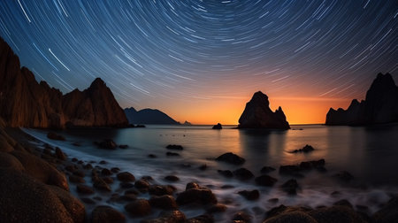 Generative AI : A scenic night landscape with Milky Way on the coast of the Escullos in Cabo de Gata in Spainの素材