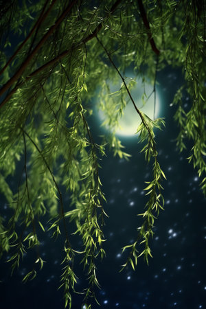Generative AI : Tree branches against the background of the night sky with the moonNight sky with moonの素材