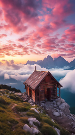 Generative AI : Mountains in fog with beautiful house and church at night in autumn Landscape with high rocks blue sky with moon Rocky mountain peaks in clouds Tre Cime in Dolomiteの素材