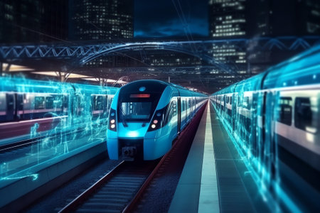 Generative AI : Bangkok SkyTrain stops on train tracks with blurred city background on night scene and copy space Sky Train is a mass transit system in Bangkok to assist facilitateの素材