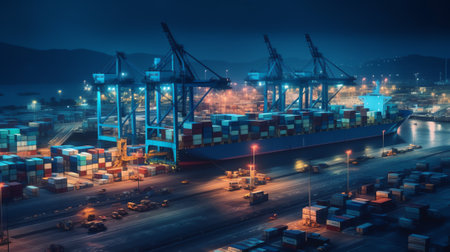 Generative AI : View on seaport with cranes cargo and passenger ships at the nightの素材