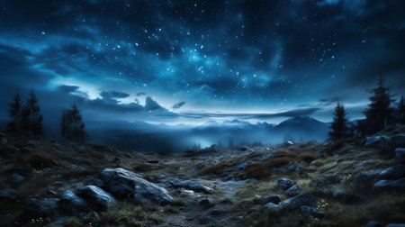 Generative AI : Magnificent panoramic view of night sky over grassy hill in coniferous wood Fantastic landscape of mountain forest with tall conifer trees under majestic blue sky wの素材