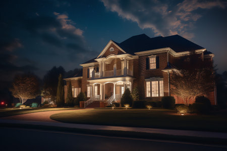 Generative AI : Home exterior lit at nightjpgの素材