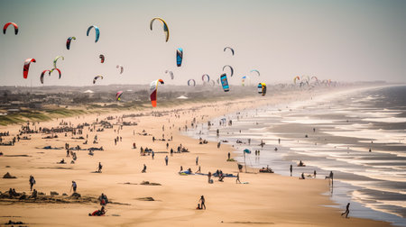 Generative AI : Kite surfing on beach shore learning concept Wind power extreme sports retro style background with copy space People on beach kite boarding against blue sky with suの素材