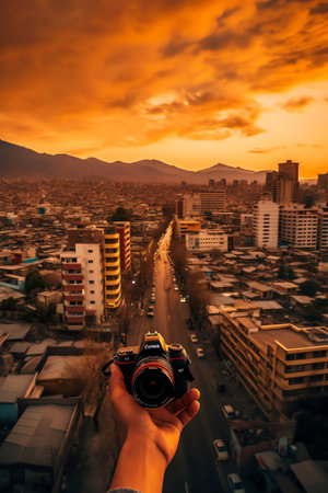 Generative AI : long exposure photo of Tehran skyline at sunsetの素材