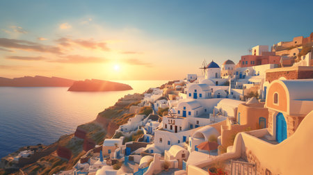 Generative AI : Night time long exposure landscape photography Famous travel land vacation destination scene of Oia Santorini Greece night cityscape Amazing sunset landscape with mの素材