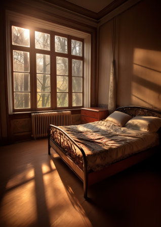 Generative AI : The window in the bed room against the backdrop of closed curtains at early morningの素材