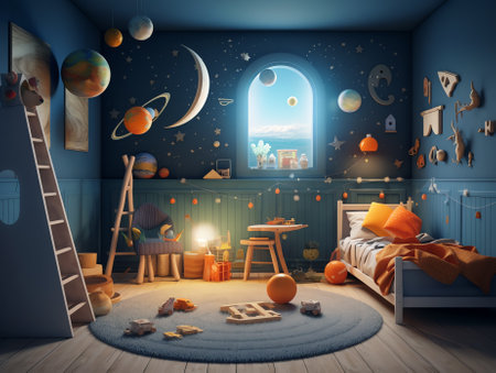 Generative AI : Childrens room space interior Kid pretend to be astronautの素材