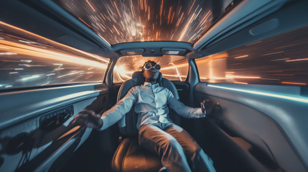 Generative AI : Driving a car on Sheikh Zayed Rd in Dubai at night United Arab Emirates Blurred motion Duotone retro wave neon noir lights color tonedの素材