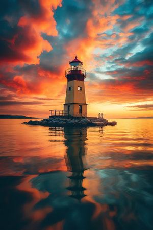 Generative AI : Baltic sea at sunset Dramatic sky with glowing clouds reflecting in the water Lighthouse in the background Setting sun Epic seascape Abstract natural pattern texturの素材