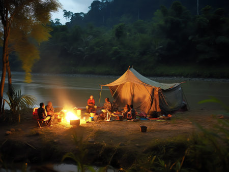 Generative AI : Camping under the Moonlight from Tegudon Tourism Village Sabah Malaysia Photo contains noise grains or blurry due to long exposure shot at nightの素材