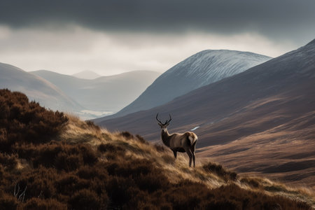 Generative AI : Deer with antlers standing on top of hill below cloudy sky Assynt Sutherland Scotlandの素材