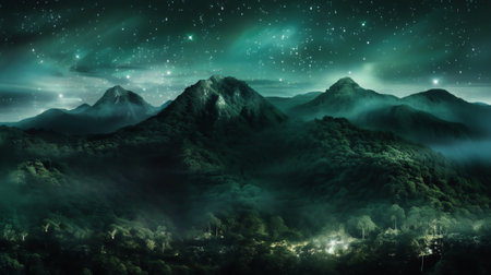 Generative AI : Foggy And Starry Mountain Forest At Nightの素材