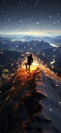 Generative AI : Man on top of a mountain observing the universe with starsの素材