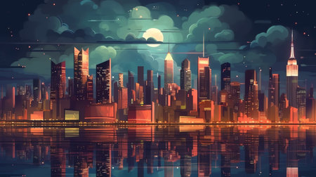 Generative AI : Night city landscape with a river viewの素材