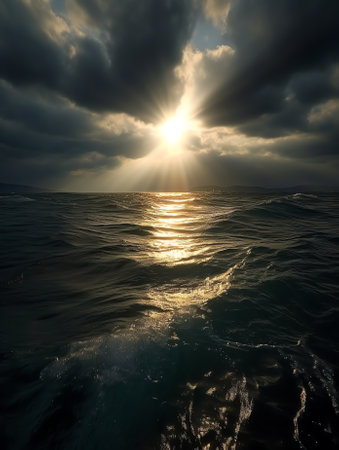 Generative AI : Sunlight makes its way through the clouds Coast of the Black Sea in all its gloryの素材
