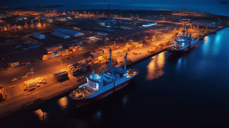 Generative AI : View on seaport with cranes cargo and passenger ships at the nightの素材
