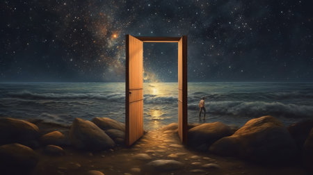 Generative AI : An open door in a pasture at night with glowing lightsの素材