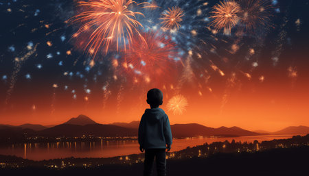 Generative AI : Bright white fireworks lights in the dark sky Small city celebrates new year with colorful fireworks at night Gray firework smoke cloud in the sky Festive outdoor nの素材