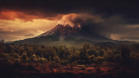 Generative AI : Beautiful dramatic reddish orange sunrise sky with mountain range Merapi Volcano Merbabu Telomoyo and Andong Mountainの素材