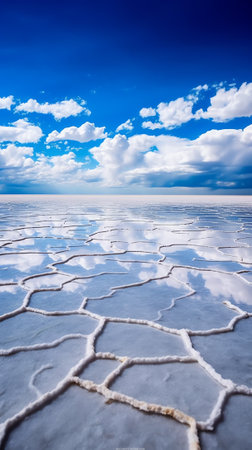 Generative AI : Beautiful mirror reflection on blue sky and cloud on Bolivias Salt Flats Shot in Salar de Uyuni salt flat Water reflection of clouds and empty space Holiday vacatioの素材
