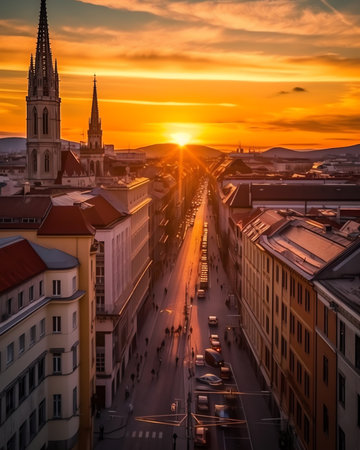 Generative AI : Beautiful sunrise in a European city in winterの素材