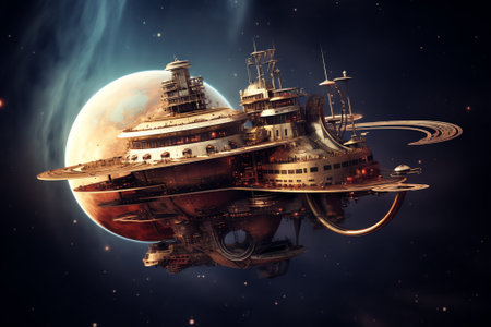 Generative AI : Planet orbit with satellite and flying booksの素材